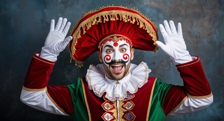 Fototapeta premium Venetian guy in traditional carnival costume playful expression portrait photo festive backdrop