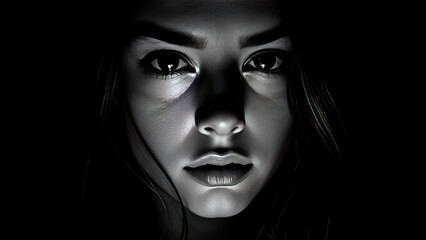 Portrait of a beautiful young girl in a beam of light on a dark background