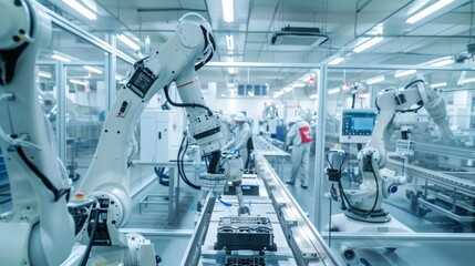 Inside the cleaning plant, a robotic arm assembles lithium-ion batteries on a conveyor belt. Workers in the process of monitoring protective equipment. High-tech machinery, LED display. A pristine env