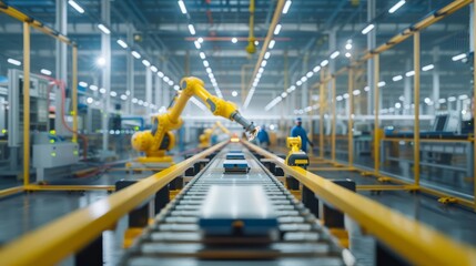 Fototapeta premium Inside the cleaning plant, a robotic arm assembles lithium-ion batteries on a conveyor belt. Workers in the process of monitoring protective equipment. High-tech machinery, LED display. A pristine env