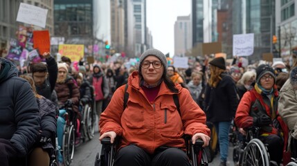 A protest advocating for disability rights, demanding infrastructure and policy changes for inclusivity.