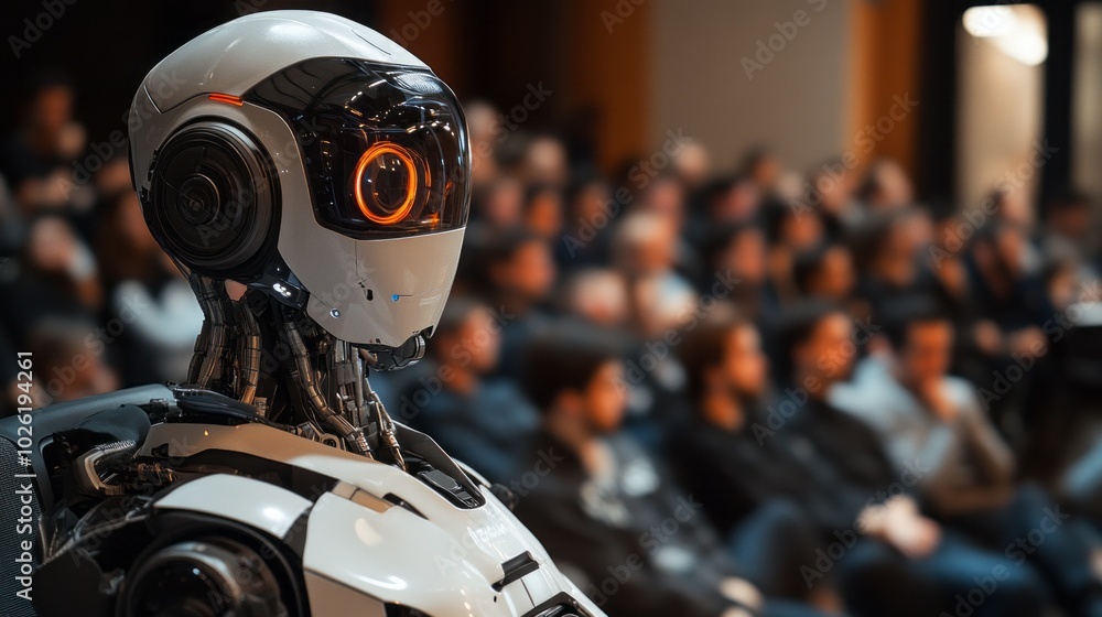Poster a robot is standing in front of a crowd of people