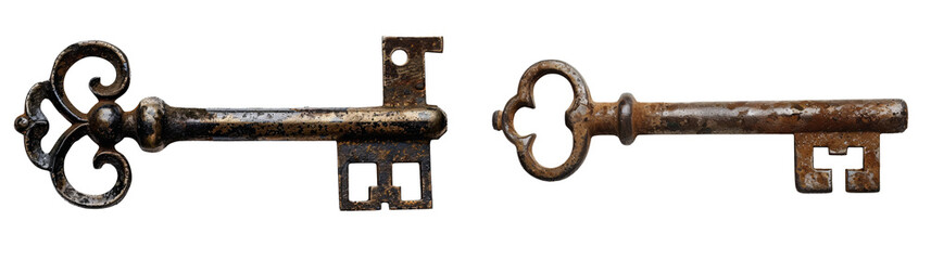 Vintage keys with intricate designs and weathered textures