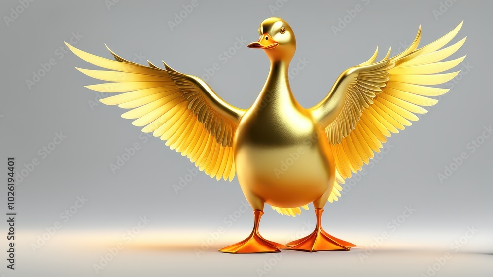 Poster a shiny golden duck with outstretched wings, creating a whimsical and playful impression.