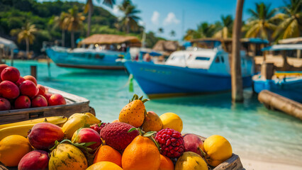 AI-generated an image of a Tropical local fruit market, delicious looking with vibrant colors, waiting for tourists to tantalize their taste buds 