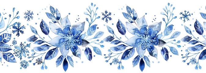Elegant header with blue snowflakes. An elegant watercolor seamless winter border with snowflakes