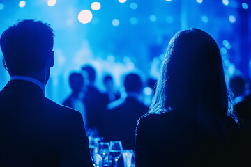 Obraz premium An elegant crowd at a social event under moody blue lighting, featuring silhouettes in formal attire, creating a refined ambiance 