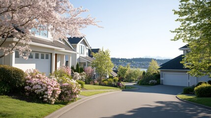 Charming residential street lined with blooming trees, bright sunny day.