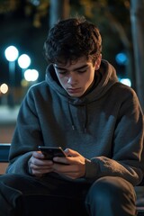 Teenage boy using smartphone at night