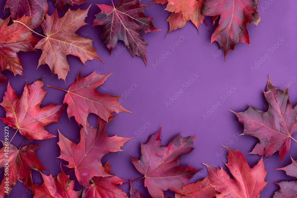 Poster red maple leaves on a purple background. top view. abstract autumn pattern with red fall foliage in 