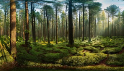 Obraz premium deep pine mossy forest with tall trees widescreen panoramic side view