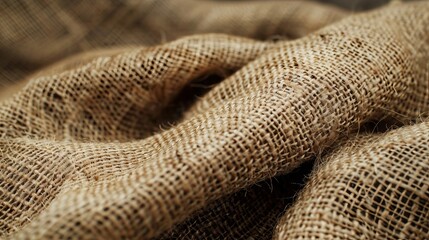 Close-up view of textured burlap fabric draped elegantly on a surface showcasing its natural fibers and earthy tones during daylight