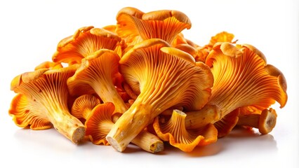 Bright and colorful chanterelle mushrooms stand out against a pure white background, showcasing nature's beauty and culinary potential, perfect for gourmet dishes and nature enthusiasts.