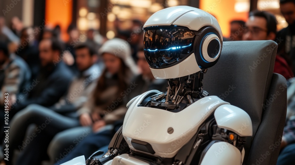 Poster a robot is sitting in a chair in front of a crowd of people