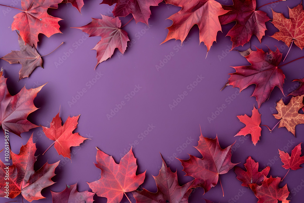 Poster red maple leaves on a purple background. top view. abstract autumn pattern with red fall foliage in 