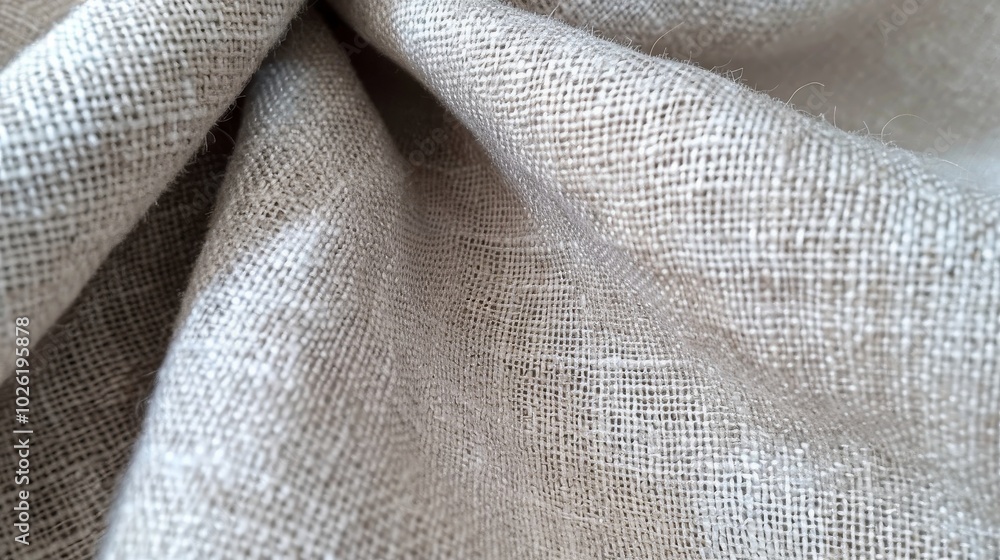 Poster close-up of textured linen fabric draping softly in natural light, showcasing its neutral color and 