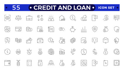 Credit and Loan Outline icons collection. Big UI icon set in a flat design. Credit card, deposit, car leasing, rate interest, calculator, income, rating, collection. Loan, banking, money, calculation.