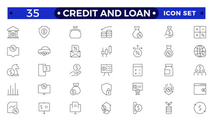 Credit and Loan Outline icons collection. Big UI icon set in a flat design. Credit card, deposit, car leasing, rate interest, calculator, income, rating, collection. Loan, banking, money, calculation.