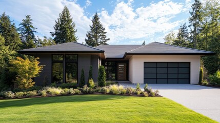 Modern house exterior with lush landscaping and clear blue sky backdrop.