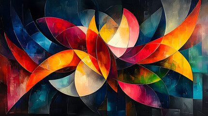 An abstract painting featuring vibrant, geometric shapes that intertwine and overlap, creating a sense of depth and movement. The colors range from deep blues and purples to fiery oranges and yellows.
