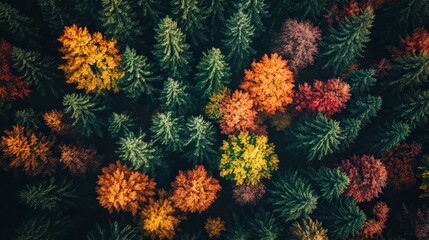 Aerial view of a forest covered in vibrant autumn foliage.