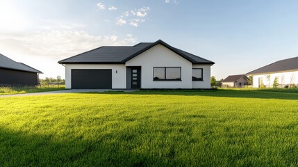 Obraz premium Modern house with a lush lawn, including a garage and large windows.