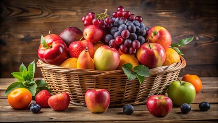 Brighten your home decor with this vibrant fruit basket filled with fresh apples, oranges, and grapes. A perfect blend of color and freshness for any setting.
