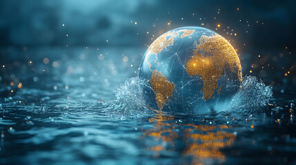 A glowing globe, resembling Earth, emerges from water, surrounded by sparks and ripples. The image symbolizes the interconnectedness of our planet and the importance of preserving its delicate balance