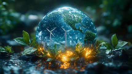 A glowing globe, resembling Earth, surrounded by wind turbines and lush greenery. The image symbolizes a sustainable future powered by renewable energy.