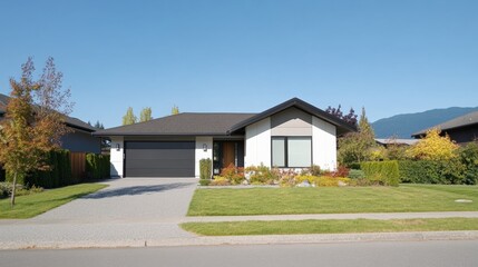 Modern house with garden, clear blue sky, and well-maintained landscape.