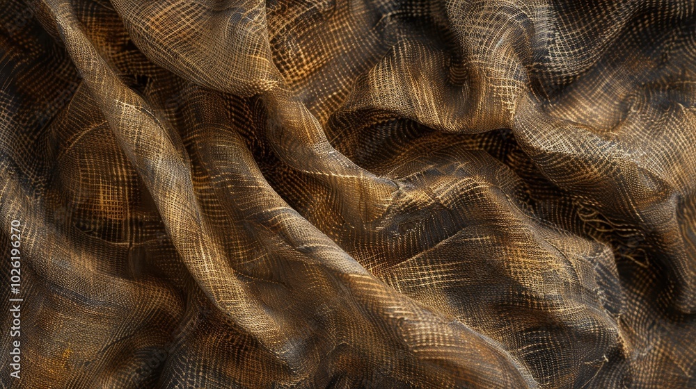 Poster soft brown fabric drapes elegantly on a surface, showcasing intricate textures and patterns in warm 