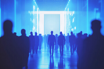 Abstract silhouettes of people walking towards a bright illuminated entrance in blue lighting
