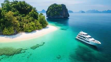 Fototapeta premium Luxury yacht sailing through calm blue waters near a tropical island.