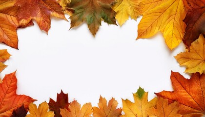 frame from autum colored fall leaves in the wind isolated on white background overlay texture with copy space in the middle