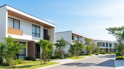 Modern houses line a serene street under a clear blue sky.