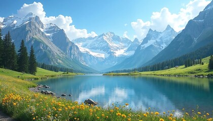 A peaceful mountain landscape with a clear blue sky, green valleys, and a calm lake reflecting the scene