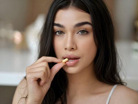 Una hermosa mujer sensual sosteniendo una pastilla cerca de su hermosa boca
