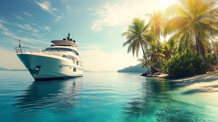 Fototapeta premium Luxury yacht sailing through calm blue waters near a tropical island.