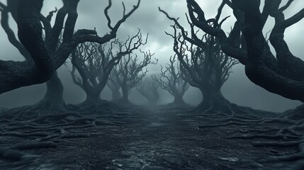 Naklejka premium A dark, eerie landscape featuring twisted trees and a foggy atmosphere creates a haunting, mysterious scene.