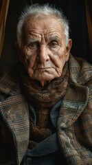 Portrait of an elderly man wearing a plaid coat and scarf, looking into the camera.