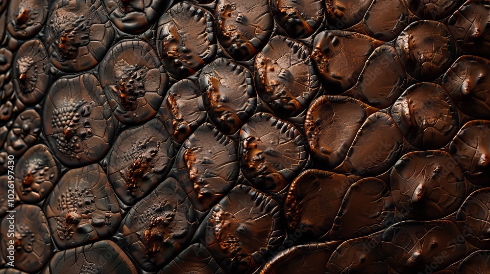 Poster close-up of textured reptile skin showing intricate patterns and colors in natural light during the 