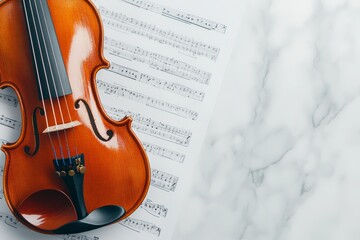 A wooden violin placed on top of sheet music, symbolizing classical music, artistry, and musical...