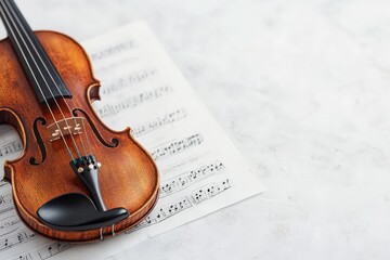 A wooden violin placed on top of sheet music, symbolizing classical music, artistry, and musical...