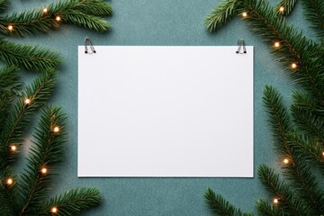 Blank white sheet on green background with Christmas tree branches and festive lights.