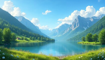 Fototapeta premium A peaceful mountain landscape with a clear blue sky, green valleys, and a calm lake reflecting the scene
