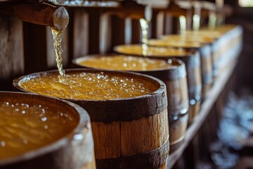 Traditional honey production with wooden barrels being filled with fresh honey in a rustic setting.
