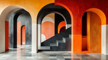 Abstract Architectural Interior with Arched Passageways and Geometric Shapes
