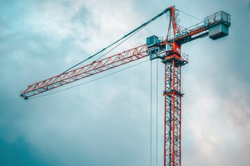 A Red Construction Crane Against a Cloudy Sky