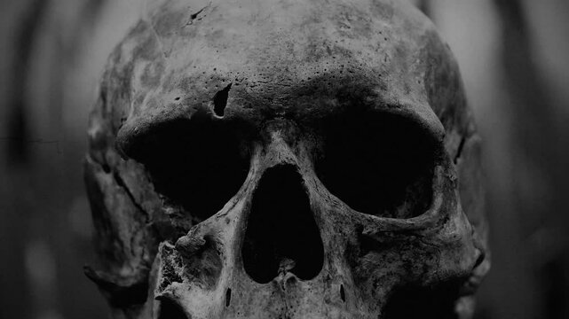 Face of death. Theme of life and death, past and present, approaching of death. Human skull. Bones of skull of human. 4K video in retro style with cinema effects, old filming