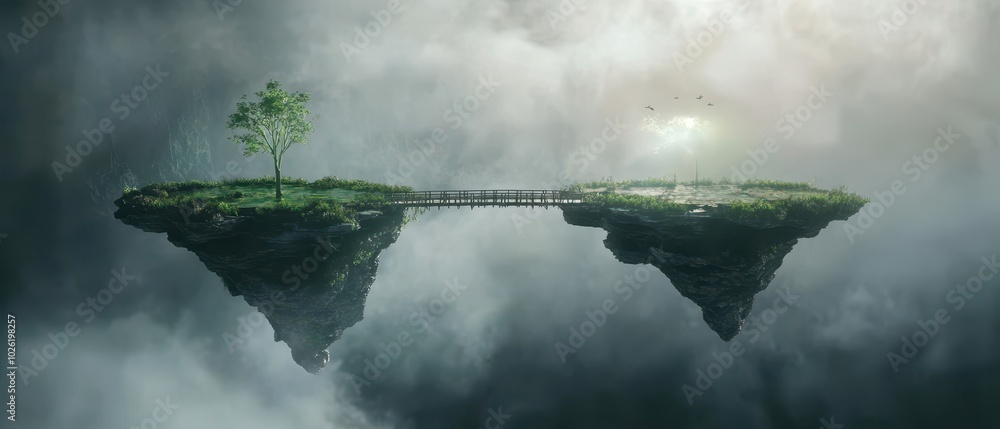 Wall mural a surreal landscape featuring two floating islands connected by a bridge, with a lone tree on one is